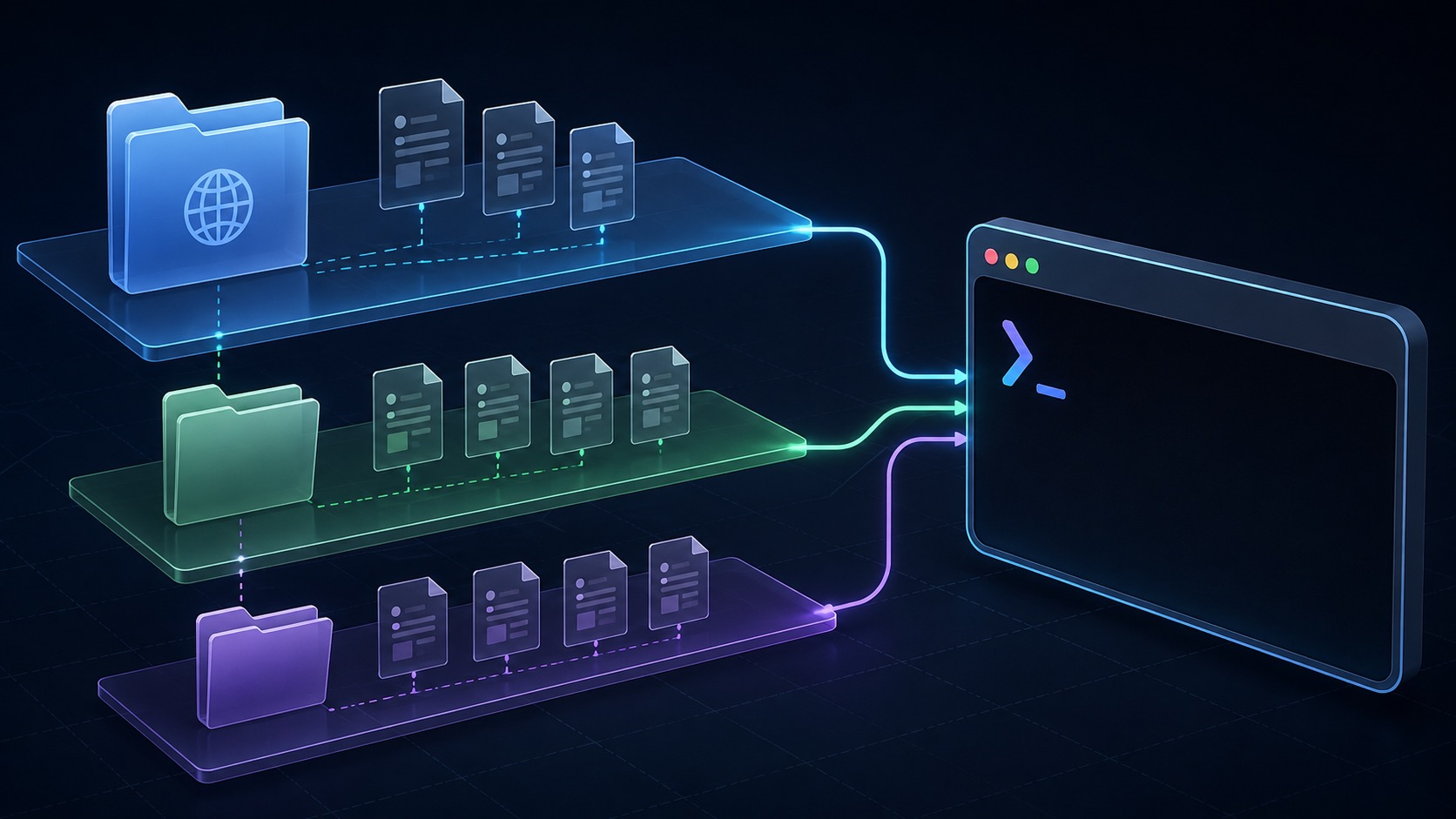 Gemini CLI 프로젝트 규칙이 여러 폴더 계층에서 터미널 컨텍스트로 모이는 개념도